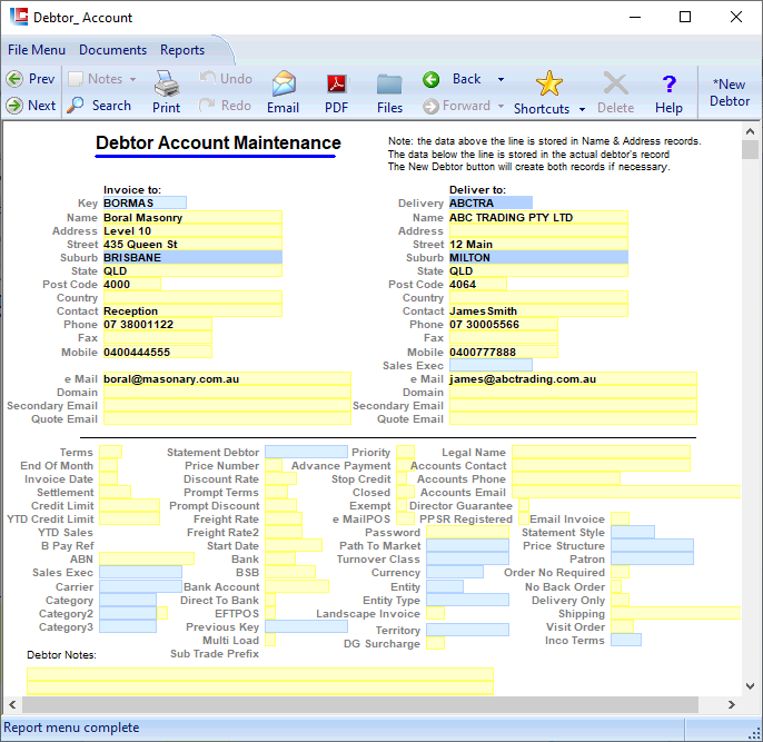 Debtor Master File Debtor Account