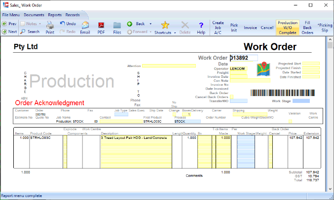 Production Order Text Example Production Order